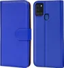 A blue flip case for a Samsung Galaxy A21s phone is shown from the front and back. Náhled obrázku produktu