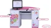A child's computer desk with a monitor, keyboard, and drawers, decorated with colorful flowers and a heart motif. Text labels point out features. Produktbild-Vorschau