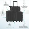 A studio shot of three black suitcases of different sizes, with overlaid text and icons highlighting product features. Produktbild-Vorschau