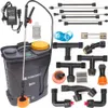A collection of parts for a battery-powered sprayer, including the main unit, charger, and various nozzles and connectors. Produktbild-Vorschau