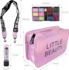 A collection of makeup and accessories for children, including a makeup bag, eyeshadow palette, lip balm, and a strap, all displayed with measurement indicators. Produktbild-Vorschau