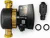 A black and brass water circulation pump with its electrical connector and two gaskets, laid out on a white background. Produktbild-Vorschau
