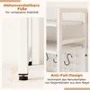 A split image showing details of a white desk shelf unit. The left side shows the adjustable feet of the desk shelf, and the right side shows the shelves with hooks and a grid pattern, highlighting the anti-fall design. Produktbild-Vorschau