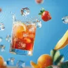 A refreshing drink with fruit and ice splashing in the air against a blue background. Produktbild-Vorschau