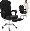 A black office chair with a footrest is shown in the foreground, and a woman in a white suit stands next to a similar chair in the background. Produktbild-Vorschau