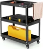 A black three-tier tool cart with various tools and cases on it, including a hammer, a black toolbox, and a yellow case. Náhled obrázku produktu