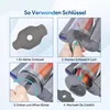 Four image panels demonstrating how to use a tool, likely for a vacuum cleaner attachment. Produktbild-Vorschau