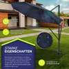An outdoor scene with a large navy blue umbrella set up on a lawn in front of a house. Náhled obrázku produktu