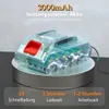 A transparent battery pack with visible cells, displayed on a metallic stand with electrical sparks emanating from the cells. Produktbild-Vorschau