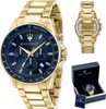 A collage of images showing a gold Maserati watch with a blue dial, its back, and its presentation box. Náhled obrázku produktu