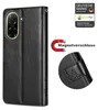 A black flip phone case with a magnetic closure and embossed floral pattern, shown with marketing elements like a magnet icon and text. Produktbild-Vorschau