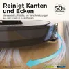 A robotic vacuum cleaner is shown cleaning a floor, with graphics illustrating its edge cleaning capabilities. Produktbild-Vorschau