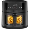 A black air fryer with a digital display and two transparent windows showing french fries. Produktbild-Vorschau