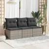 A three-seater outdoor sofa with gray cushions is shown on a patio with a rug and plants. Voir les images du produit