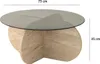 A round coffee table with a travertine base and a glass top, shown from a side angle with dimensions indicated. Produktbild-Vorschau