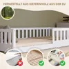 A white wooden bed frame with a mattress and slatted base, shown with inset images highlighting features. Produktbild-Vorschau