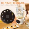 A soy milk maker is shown with soybeans being poured into it, with a control panel displaying various functions. Small pastries are arranged in the foreground. Voir les images du produit