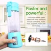 A hand holding a portable blender with a kitchen background. A diagram of the blender's motor is also shown. Produktbild-Vorschau