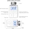 Diagrams and labels explaining the features and dimensions of a smart thermostat. Podgląd zdjęcia produktu
