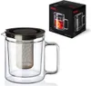 A glass teapot with a double wall and an infuser, next to its packaging. Anteprima dell’immagine prodotto