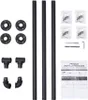 A collection of black metal pipe fittings and rods, along with screws and an installation guide, laid out on a white background. Náhled obrázku produktu