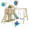 A wooden playground set with a slide, swings, and climbing features, presented on a white background with illustrative elements pointing to accessories. Produktbild-Vorschau