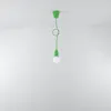 A green pendant light with a white bulb hangs from a white ceiling. Produktbild-Vorschau