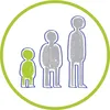 Three stylized figures of varying heights, representing growth or different sizes, are depicted within a green circle. Voir les images du produit