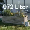 A wooden planter box filled with plants and flowers, placed on grass with a watering can nearby. Produktbild-Vorschau