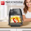 A woman is smiling next to a black air fryer with a graphic showing rapid air technology. Produktbild-Vorschau