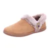 A single brown slipper with faux fur trim and a button detail, shown from a side view against a white background. Produktbild-Vorschau