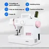 A white sewing machine with pink accents is shown on a light gray surface, with text overlays describing its features. Anteprima dell’immagine prodotto