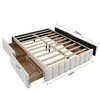 A white tufted bed frame with drawers, shown with dimensions indicated by measurement lines and text. Produktbild-Vorschau