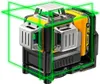 A 3D laser level tool with green laser lines projected around it. Produktbild-Vorschau