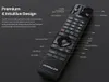 A remote control with labels pointing to its various buttons and functions, set against a dark background. Produktbild-Vorschau