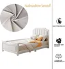 A white upholstered bed with pillows and a blanket, shown with fabric detail and feature icons. Náhled obrázku produktu