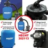 Collage of images showing a blue sand filter system with various close-ups and feature callouts. Produktbild-Vorschau