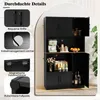 A black kitchen cabinet with various compartments and doors, showcasing its features with inset images and text. Náhľad obrázku produktu