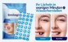 A marketing image showing a product package and a sheet of temporary cosmetic teeth, with before and after images of a person's smile. Produktbild-Vorschau