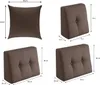 A collage of four images showing different sizes and orientations of brown cushions, with dimensions indicated by measurement lines and text. Produktbild-Vorschau
