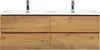 A double vanity bathroom sink with a wooden cabinet. Voir les images du produit