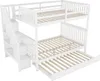 A white bunk bed with a pull-out trundle bed and stairs with storage shelves. Produktbild-Vorschau