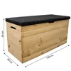 A wooden storage bench with a black cushion on top, shown with dimensions indicated. Anteprima dell’immagine prodotto