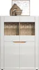 A white highboard cabinet with glass doors on top, displaying glassware, and solid doors below. Decorative items and a framed picture are on top of the cabinet. Produktbild-Vorschau