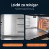 A split image showing the interior of an air fryer, with one side showing a clean metal interior and the other side showing a hand wiping the interior with a cloth. Produktbild-Vorschau