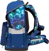 Side view of a blue school backpack with a lightning bolt pattern. Podgląd zdjęcia produktu