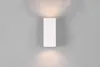 A white, rectangular wall light fixture mounted on a gray wall, emitting light upwards and downwards. Produktbild-Vorschau