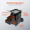 A black welding cart with various storage compartments and drawers is shown with text overlays highlighting its features. Produktbild-Vorschau