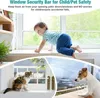 A collage of images showing a child and pets near windows, implying the use of a window security bar for safety. Produktbild-Vorschau