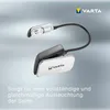 A VARTA LED book light is shown clipped to an unseen surface, with the light beam illuminating downwards. The VARTA logo is visible in the top right corner and on the clip. Anteprima dell’immagine prodotto